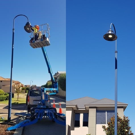 blue LED poletop light in private estate-integrated power